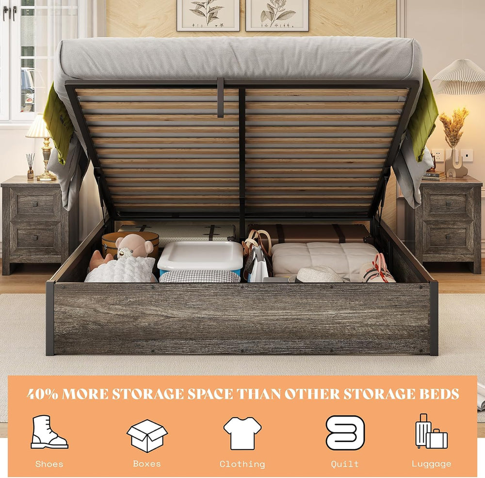 AMERLIFE Queen Size Lift Up Storage Bed Frame, Rustic Grey