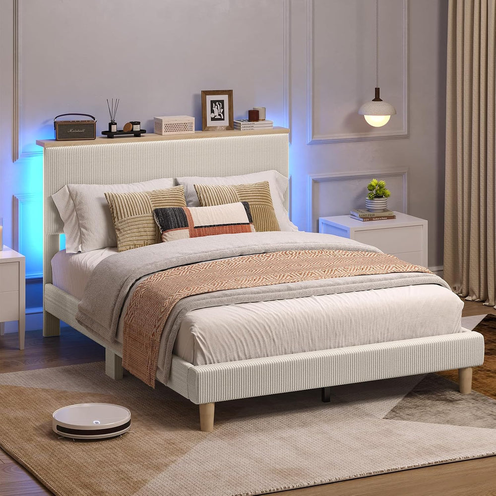 Bestier Full Bed Frame with Adjustable Headboard & LED, Upholstered, Beige