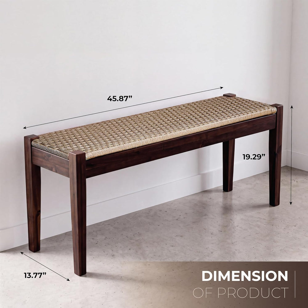 Vintage Entryway Bench with Woven Rope Seat, 46" Acacia Wood, Dark Brown