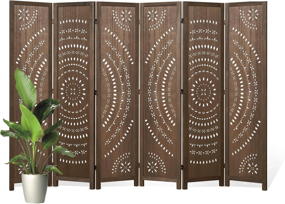 66.9Inch Folding Room Divider, 6 Panels Wood Carved Privacy Screens Free Asse...