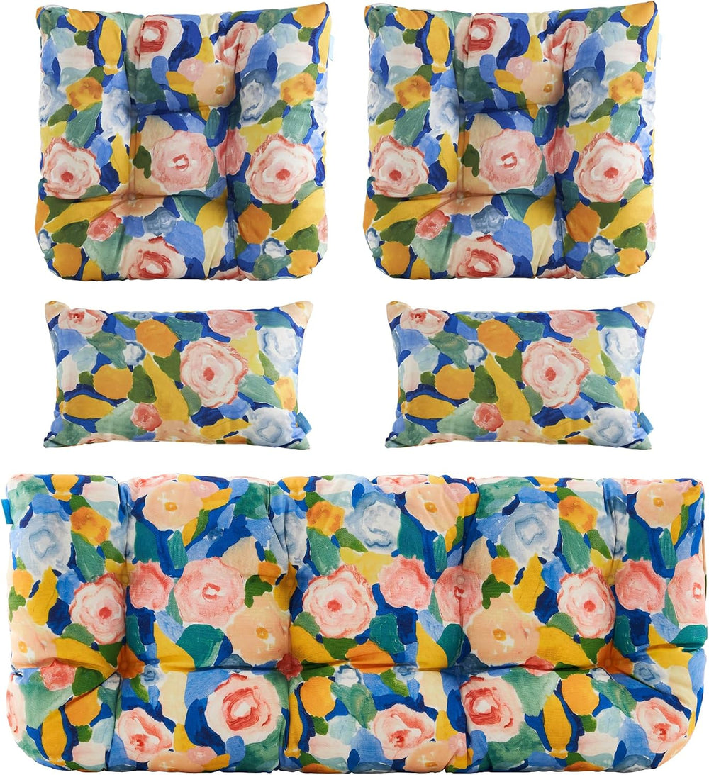 ARTPLAN 5 Piece Patio Loveseat Cushion Set 44x19 Wicker Pads Ties,Floral