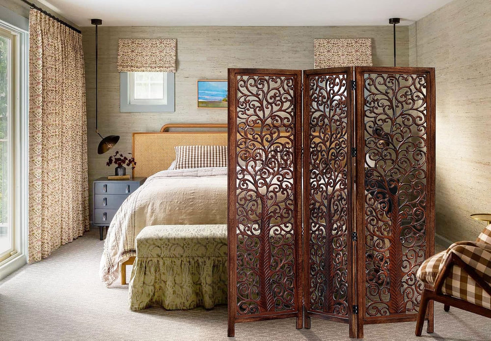 COTTON CRAFT Room Divider Wood Screen - Hand Carved Folding 3 Panels 60x72
