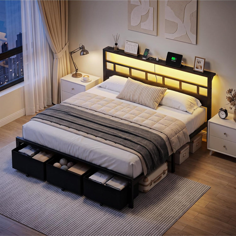 King Size Bed Frame with 3 Storage Drawers & Headboard