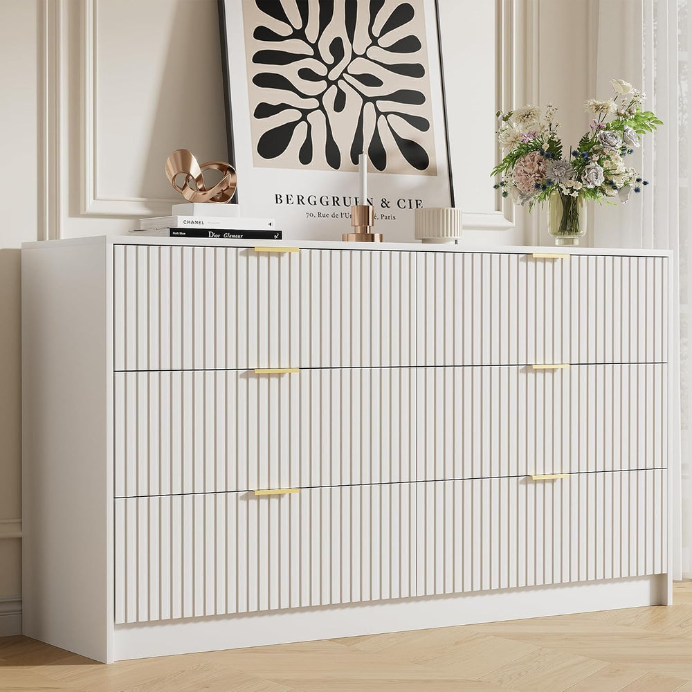 Furniway 55.1" Wide White Dresser for Bedroom, Fluted 6 Drawer Dresser