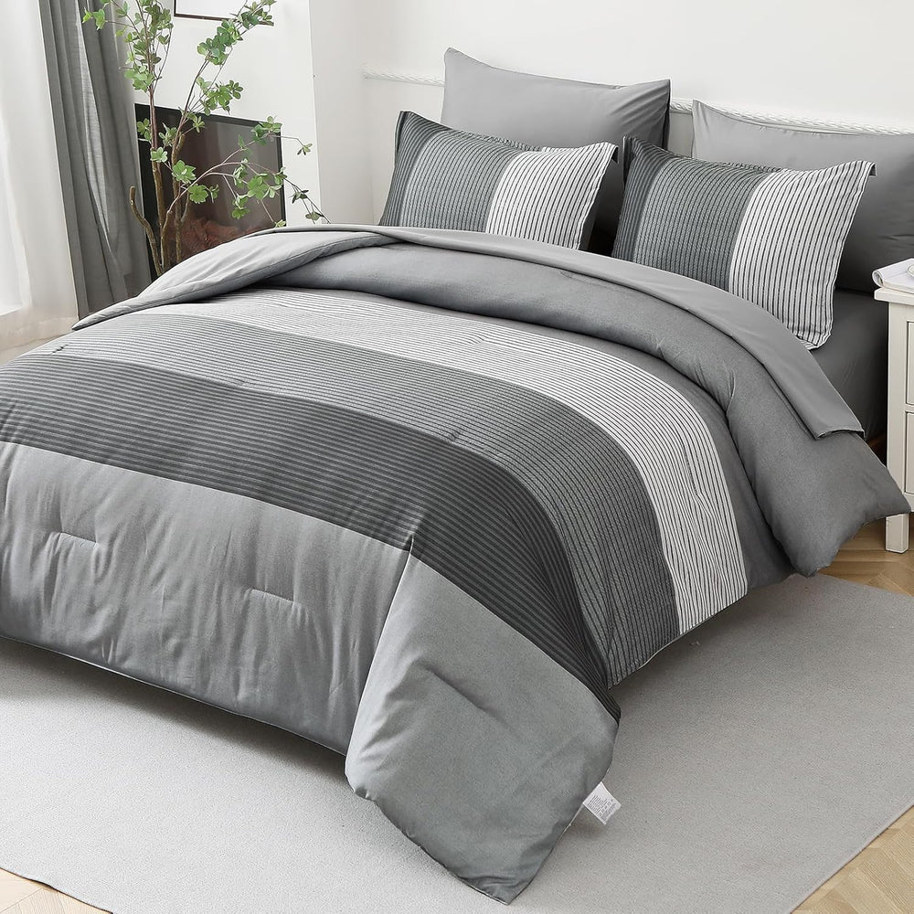 Grey Full Size Comforter Set, 7 Pieces Striped Bed in a Bag with Sheets