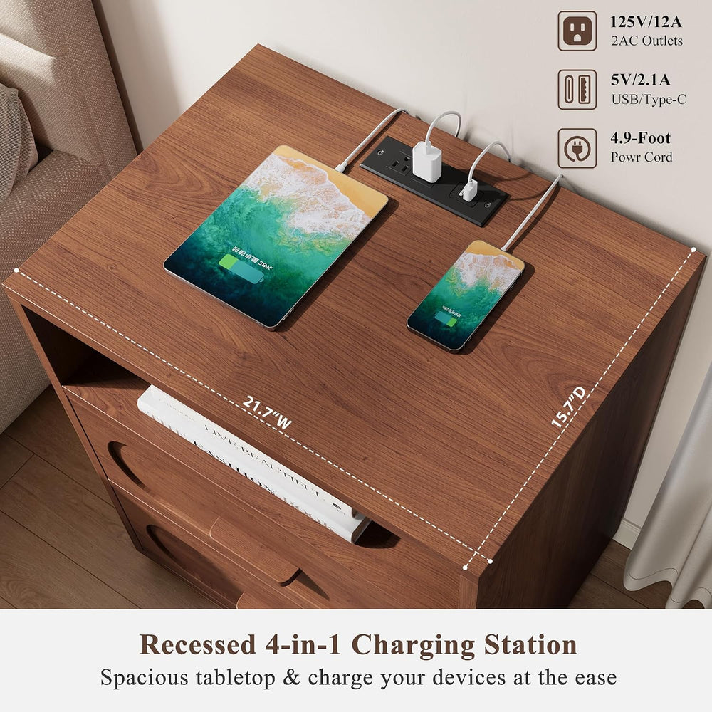 YANSNWO 25.8" Tall 2-Drawer Nightstand with Charging Station, Walnut