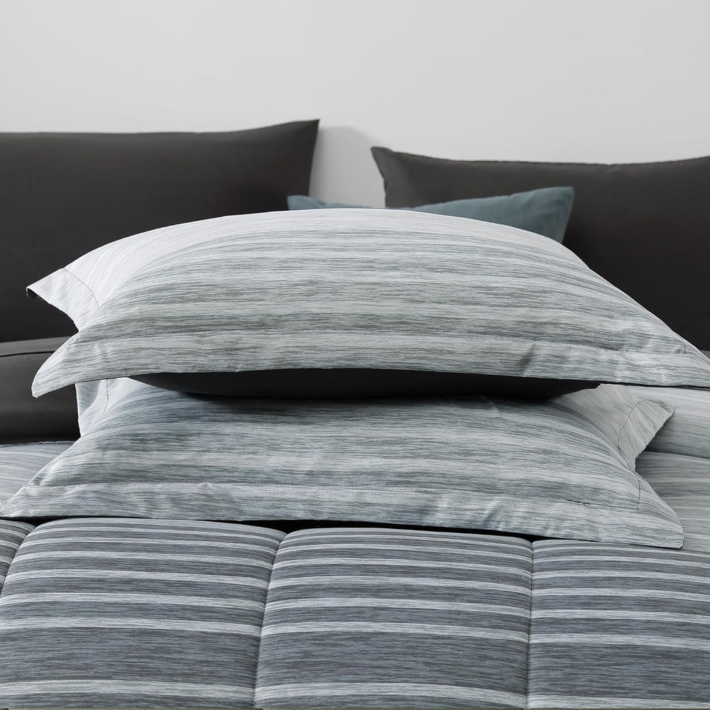 Monbix Queen Comforter Set-7 Pieces Striped Bed in a Bag Queen Bedding Sets
