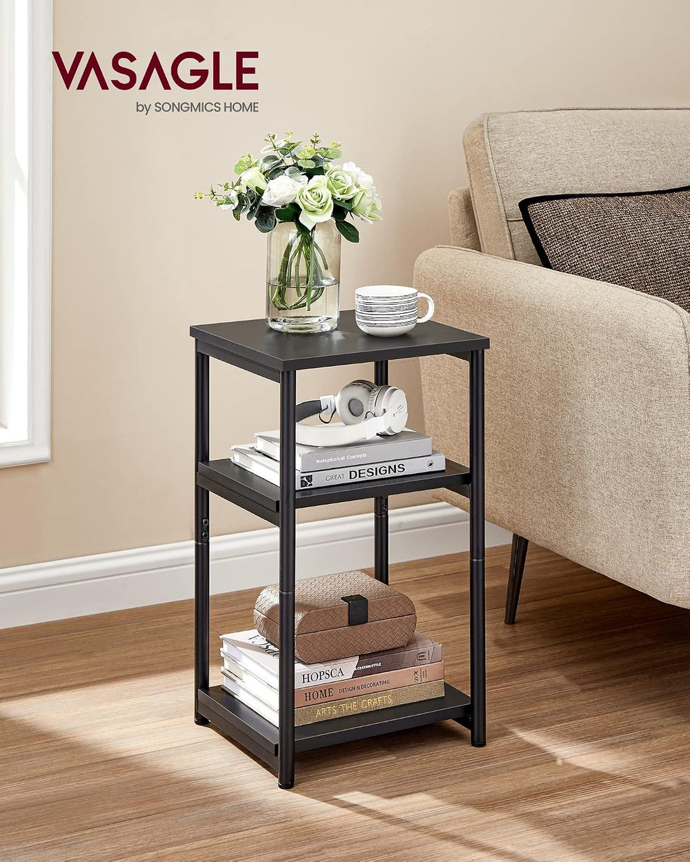 VASAGLE Side Table, Small End Table, Tall Nightstand, Steel Frame