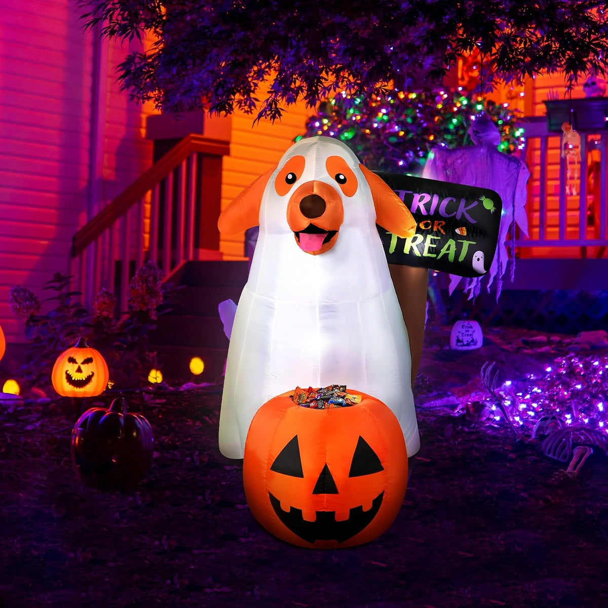 Halloween Inflatables Ghost Dog 4 FT Inflatable Halloween Dog with a Pumpkin Candy Holder Built-in LEDs Trick or Treat Yard Sign for Home Lawn Garden Party Indoor Outdoor Halloween Decor