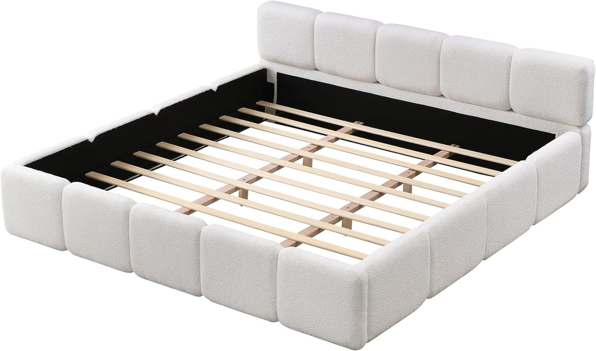 merax king boucle platform bed with thick headboard on a desk or shelf