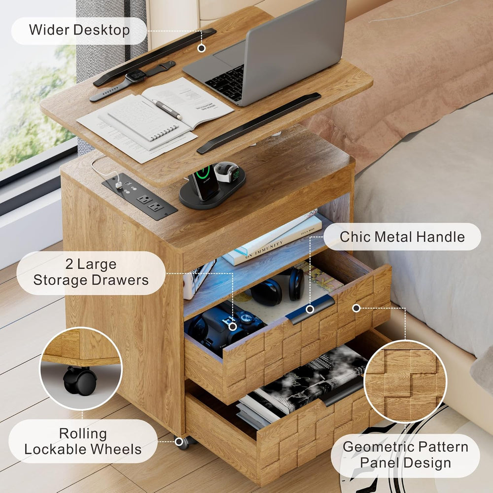 FREDEES Rolling Nightstand with Charging Station, Wheels