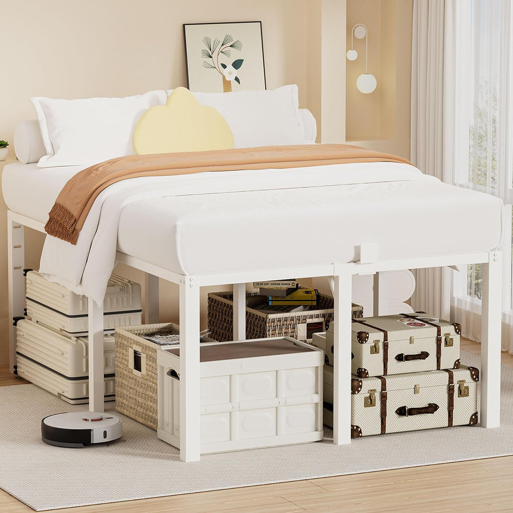 24 Inch Queen Size Tall Bed Frame, 3500 LBS Metal Platform Bed Frame, White