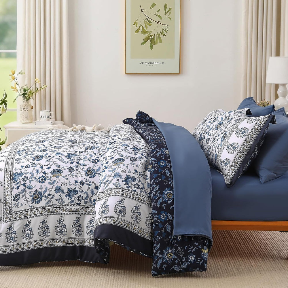 Comforter Set Queen Size Boho, Reversible Blue Bedding Paisley Floral