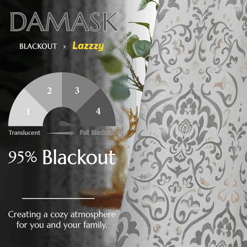 Lazzzy Gray Damask Blackout Curtains 63 Inch Length, Grey Floral Vintage Meda...