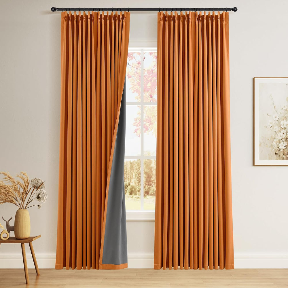 Joywell 100% Blackout Linen Pinch Pleated Curtains 84 in for Bedroom Orange