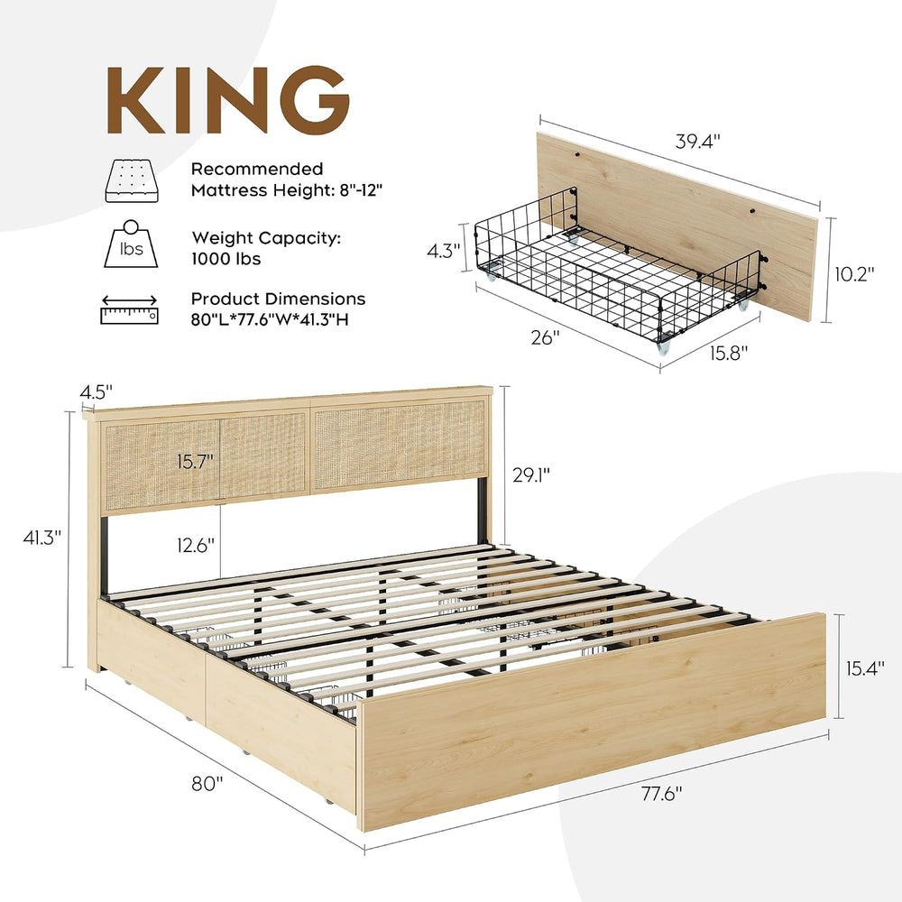 Brafab Natural Rattan King Bed Frame with Headboard, 4 Storage Drawers
