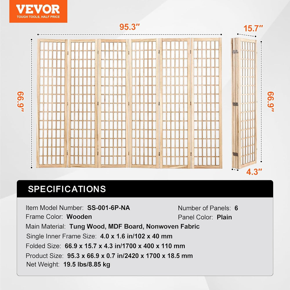 VEVOR Room Divider, 6 Panel Japanese Room Divider, Wood Folding Privacy Scree...