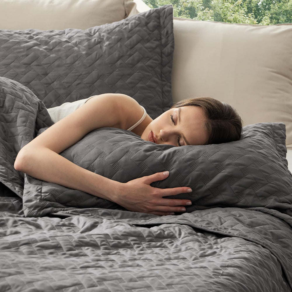 Bedsure Quilts King Size - Grey Bedspreads King Size with Basket Weave Patter...