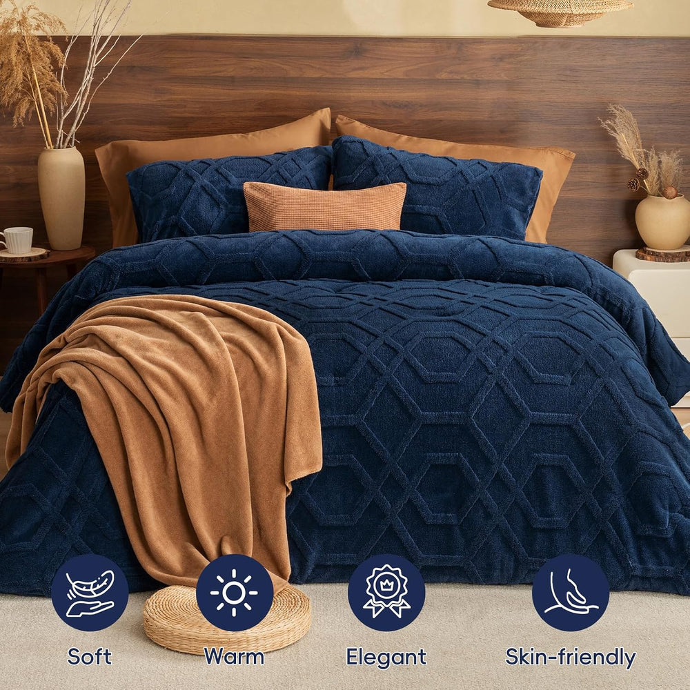 PHF Warm Sherpa Fleece King Comforter Set, 3D Tufted Fluffy Navy Blue Bedding...