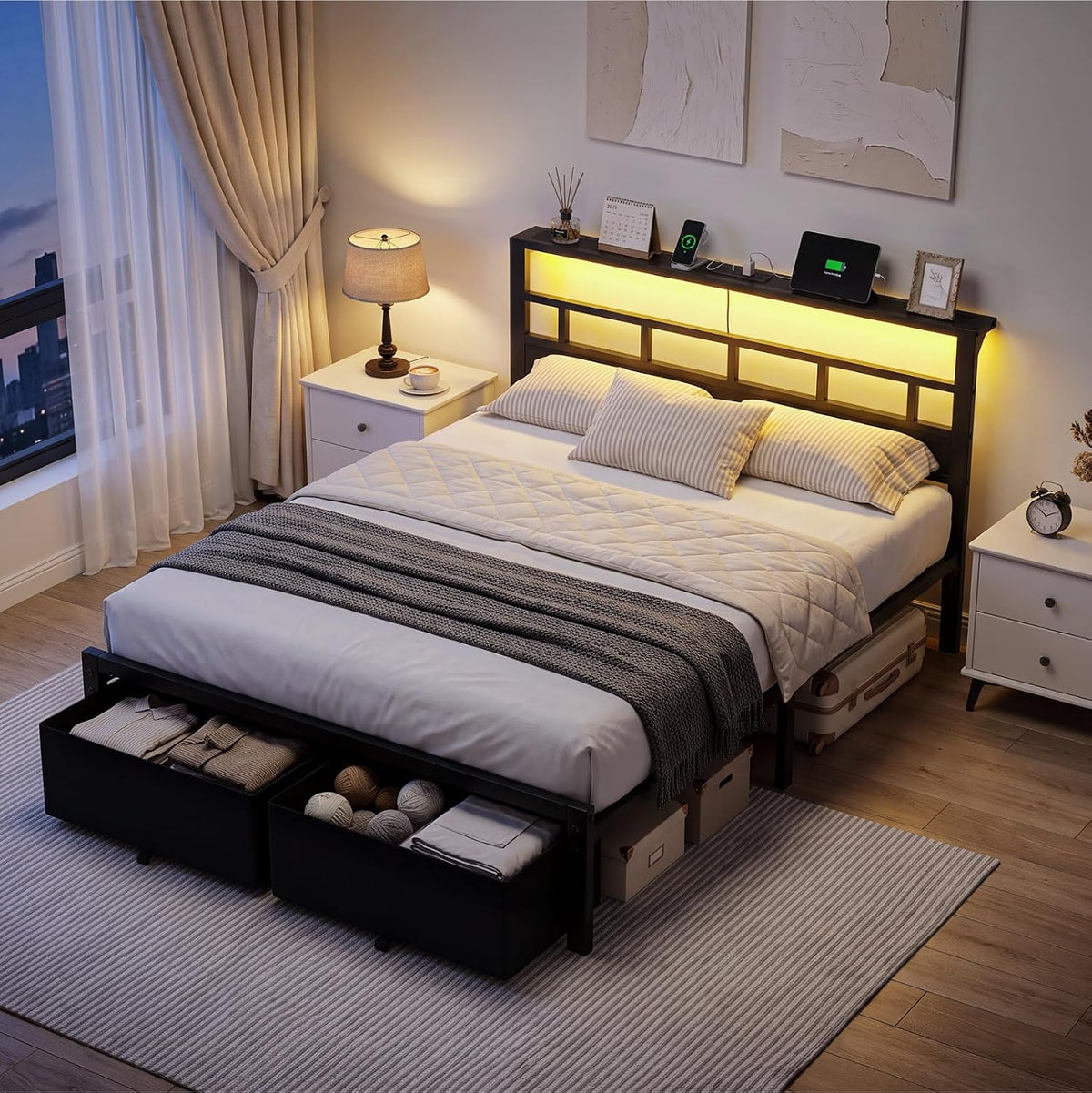 queen size bed frame with 2 storage drawers, view 9