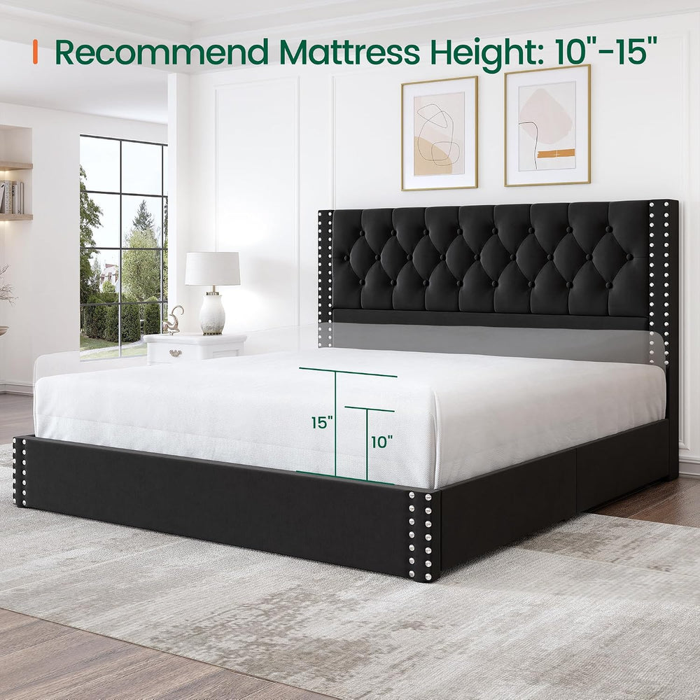 LARMACE Bed Frame King Size with 4 Storage Drawers and Tufted Headboard Velve...