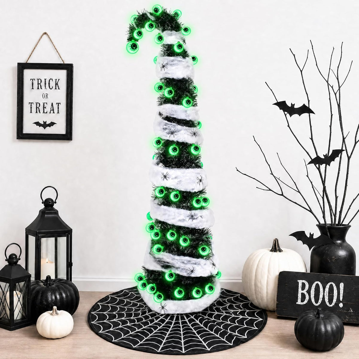 5FT Black Halloween Christmas Tree with 50 Eyeball Lights, Whimsical Pop Up Tree with Tree Skirt Battery Powered Built-in Timer Spider Decorations Stretchable Cobwebs, Indoor Outdoor Spooky Decor