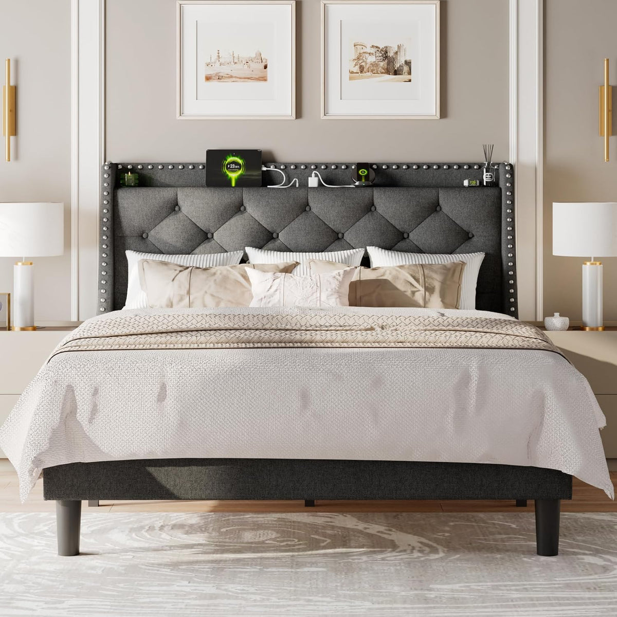 feonase full size bed frame with luxury wingback on a desk or shelf