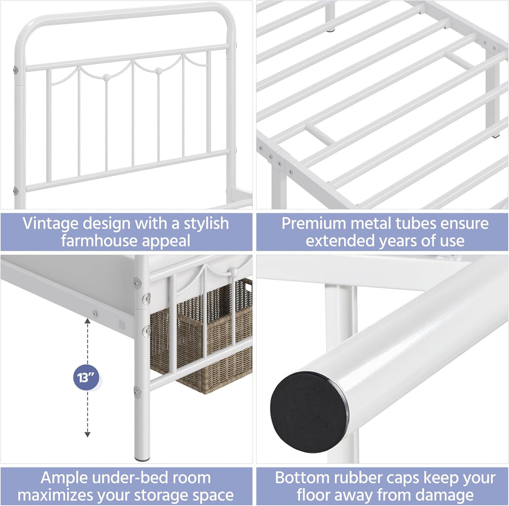 Yaheetech Twin Metal Bed Frame with Vintage Spindle Headboard White