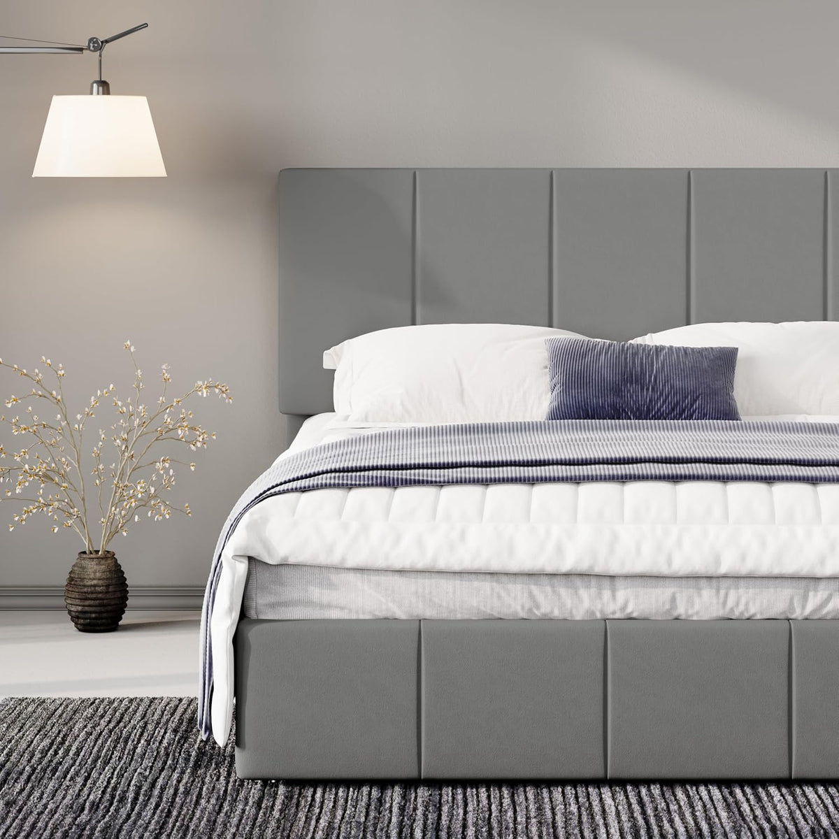 allewie full size dutch velvet upholstered platform bed, front angle view