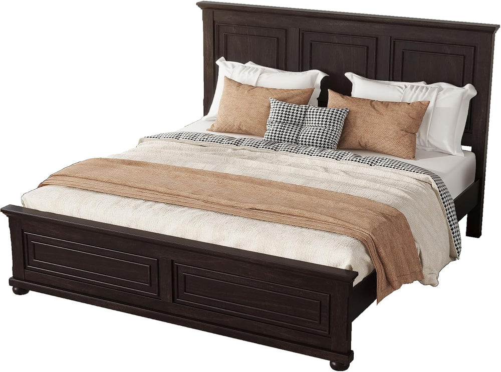 RuiSiSi King Size Solid Wood Bed with Tall Headboard & Footboard, Mid Cen...