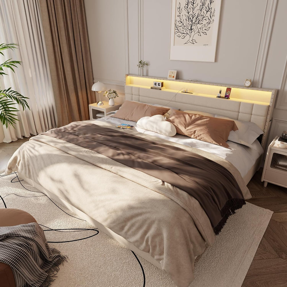 Forestell King Size Bed Frame with Headboard & 4 Storage Drawers, Beige