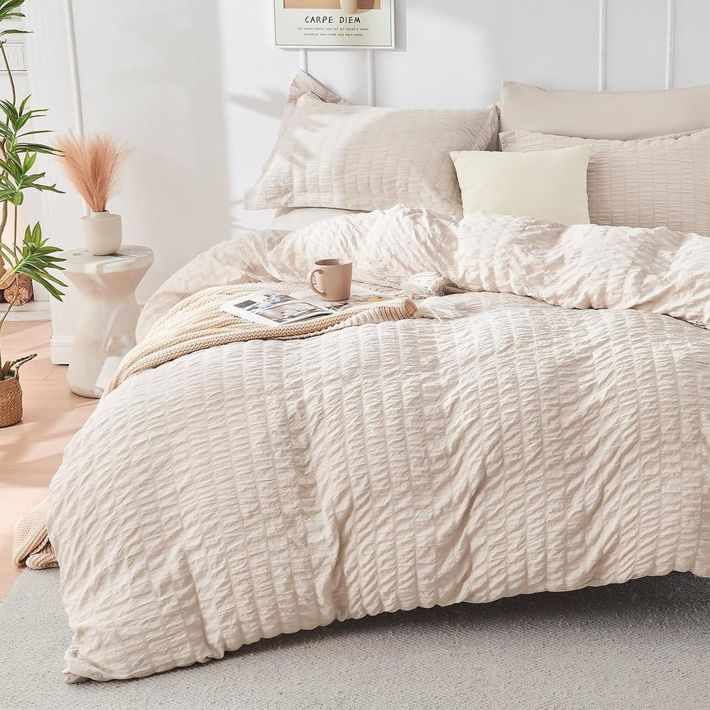 Queen Comforter Set - 7PCS Bed in a Bag, Seersucker Bedding Set, Beige
