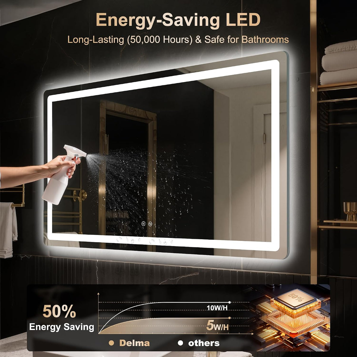 delma 30x50 led bathroom vanity mirror with lights, front angle view