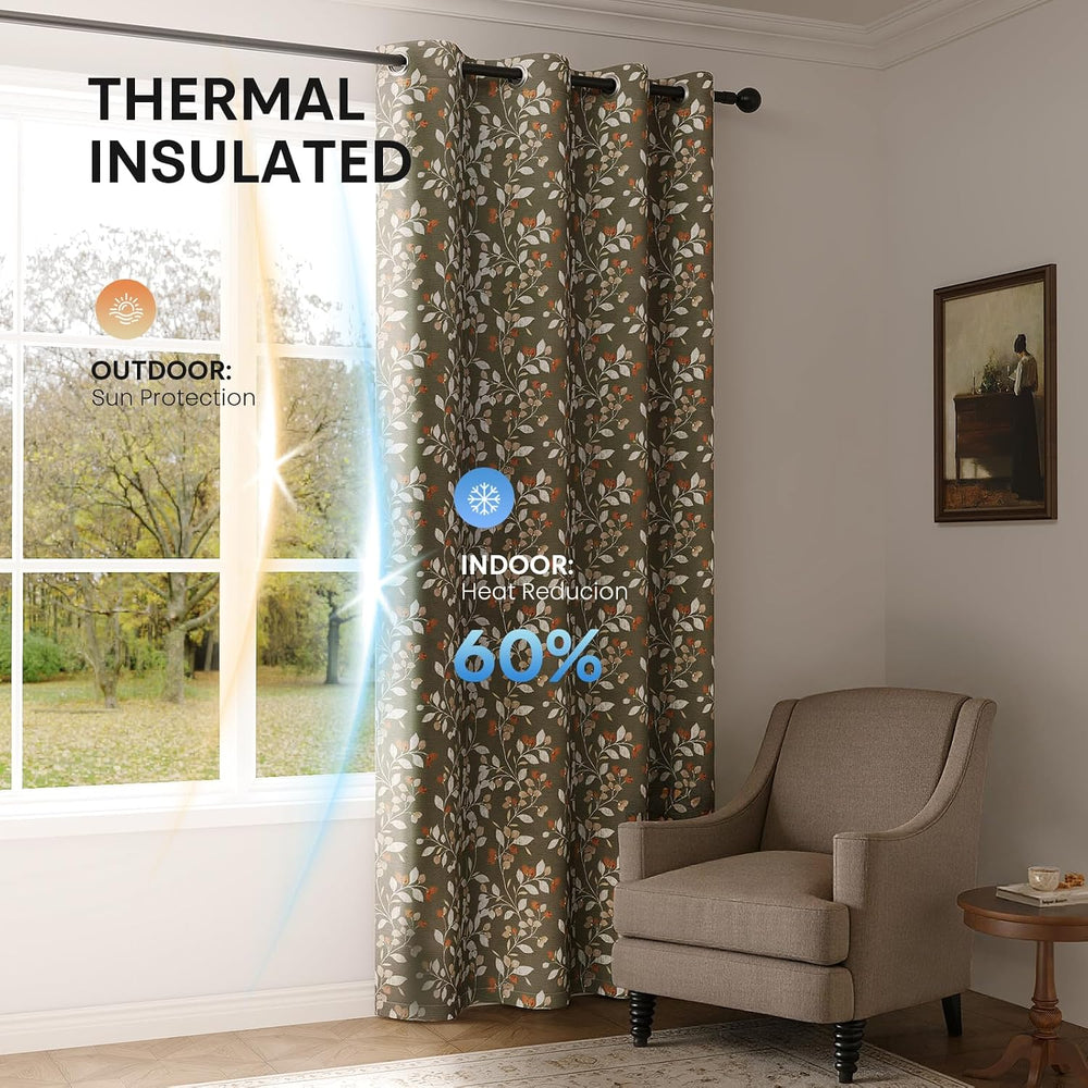 Vintage Floral Blackout Curtains Botanical Print 63 Inch 2 Panels Taupe