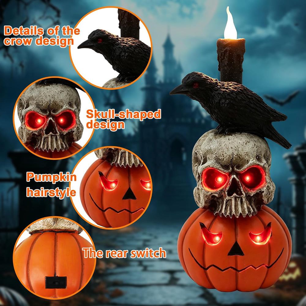 Halloween Pumpkin Skull Resin Statue 14in Gothic Crow Candle Decor