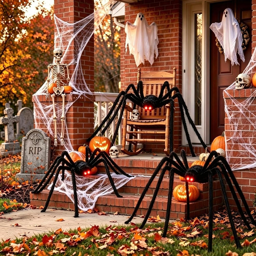 8Ft Giant Hairy Black Spider with Glowing Eyes, 3 Packs(8Ft+5Ft+3Ft) Hallowee...