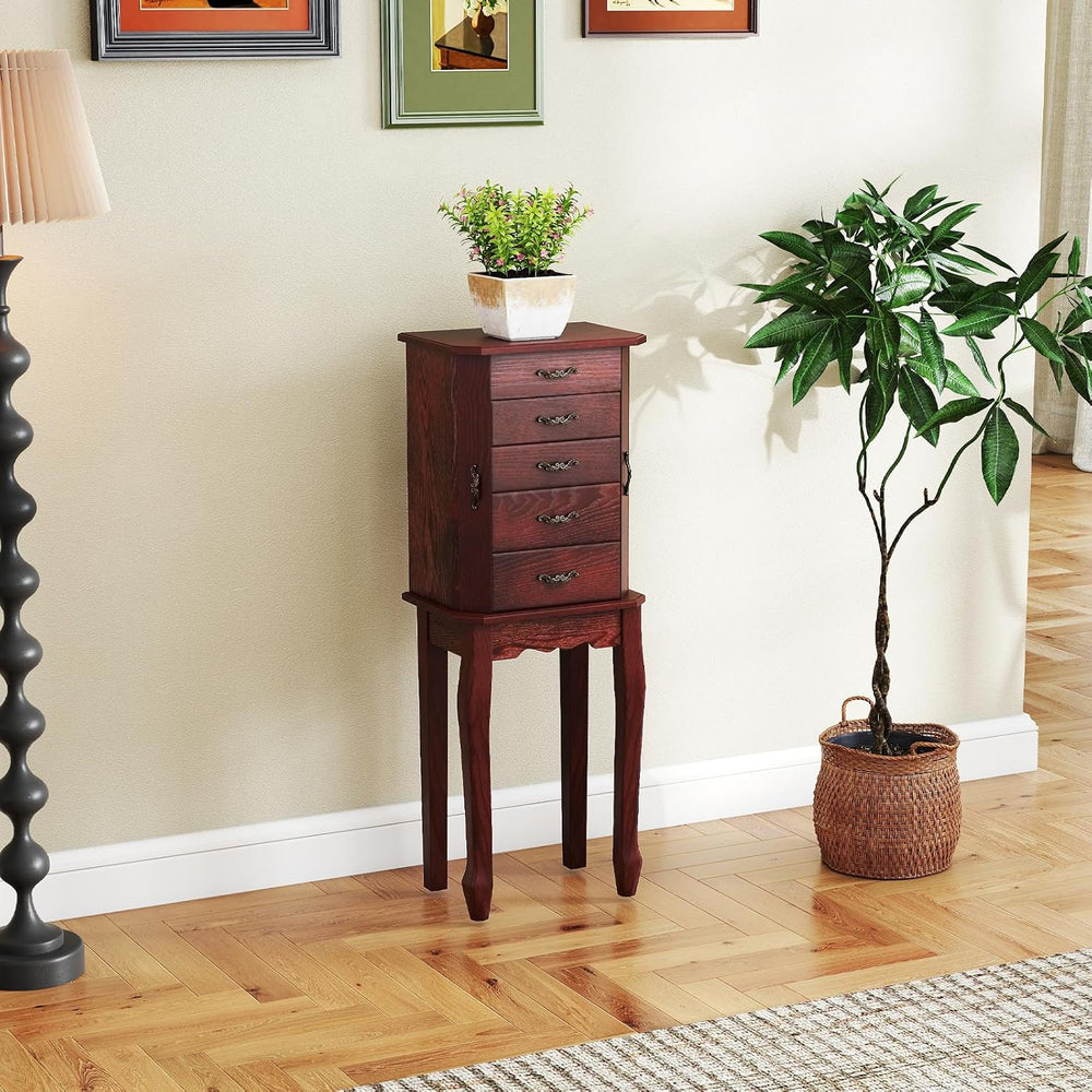 CHARMAID Standing Jewelry Cabinet with 4 Drawers, Flip Top Mirror, Walnut