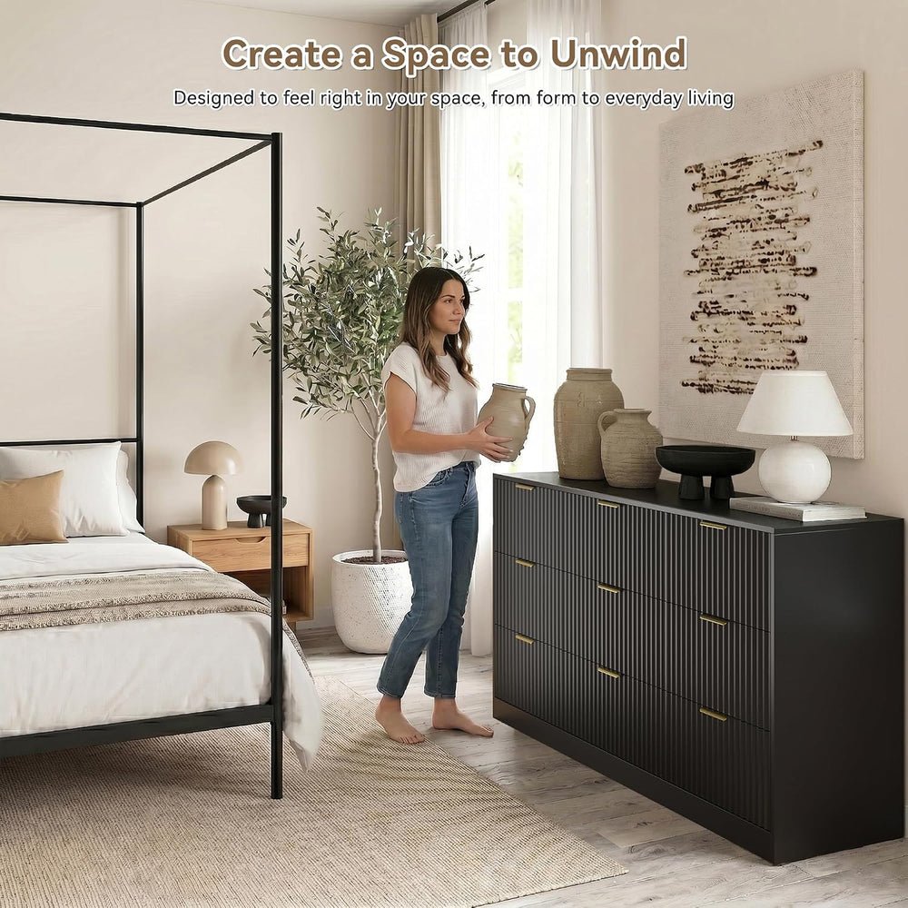 Black 9 Drawer Dresser for Bedroom, 63" Wide Modern Fluted Chest of Draw...