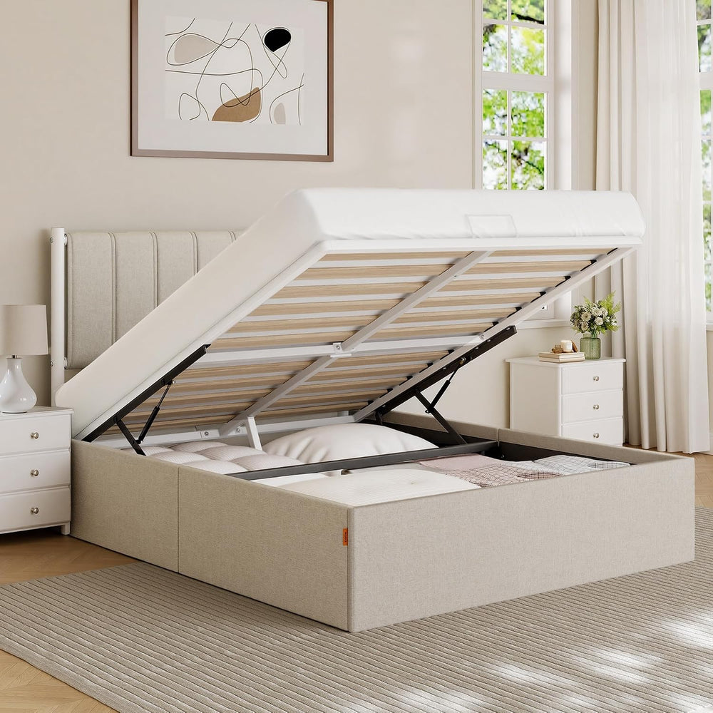 VASAGLE Lift Up Storage Bed Frame, Full Size, Upholstered Headboard
