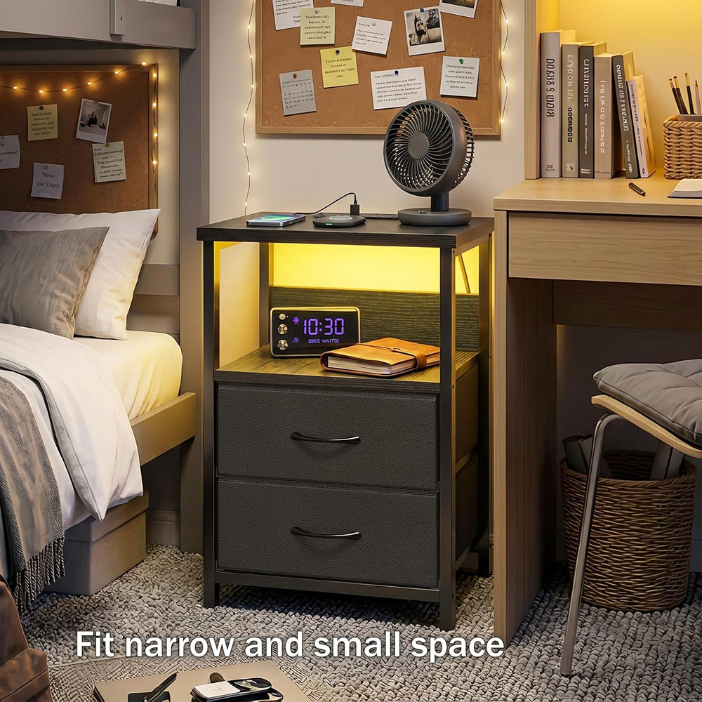 Fixwal Night Stand with Charging Station, Black Led Nightstand, 2 Drawers