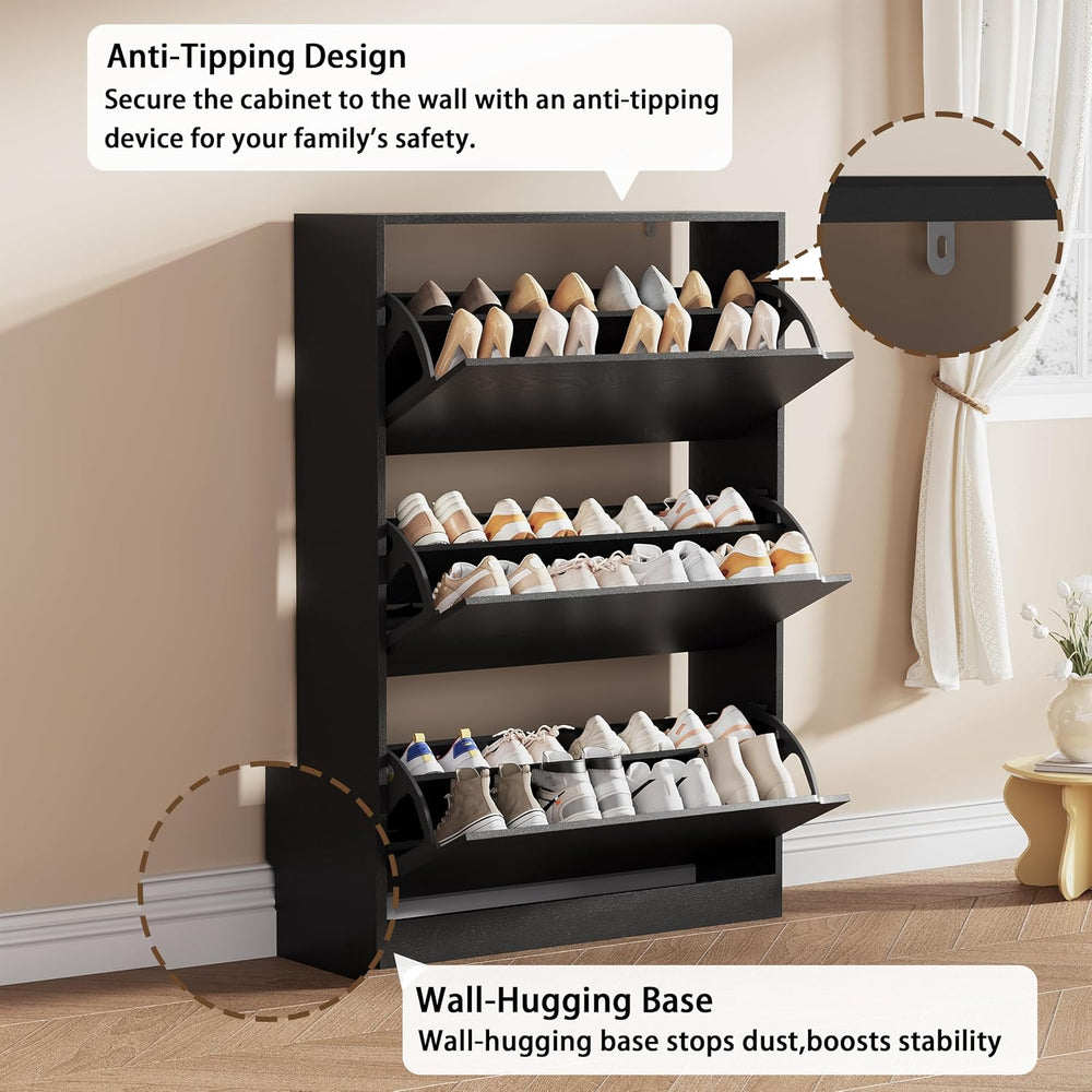 Shoe Storage Cabinet, Wood Shoe Organizer for Entryway with 3 Flip Drawers, F...