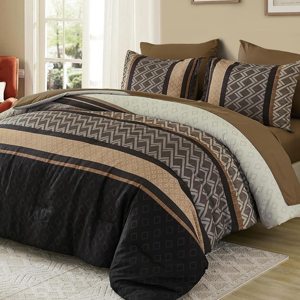 Cottolester Brown Comforter Set Queen Size,Fall Striped Bed in a Bag
