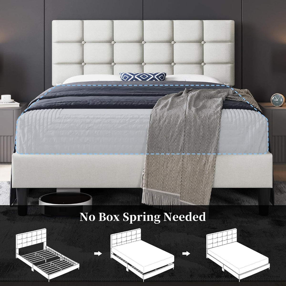 yaheetech full size upholstered tufted bed frame with, view 9
