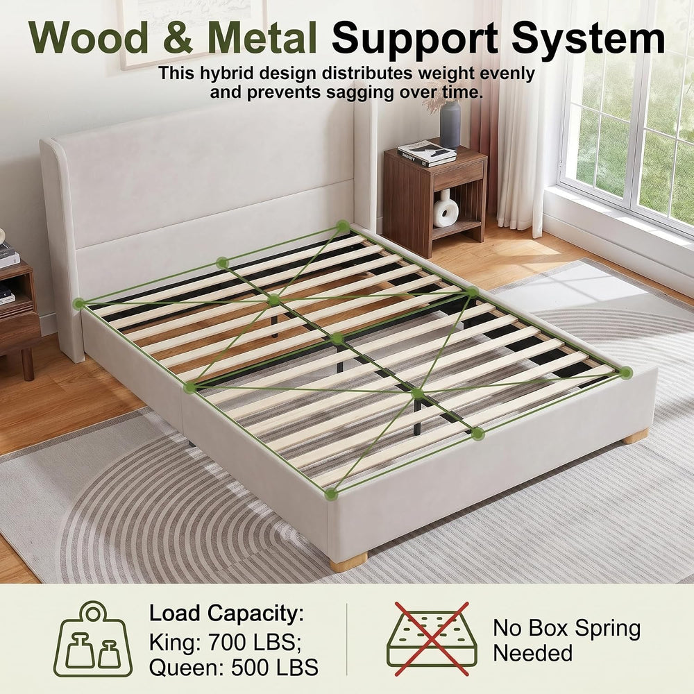 Queen Size Upholstered Platform Bed Frame with Wingback Headboard