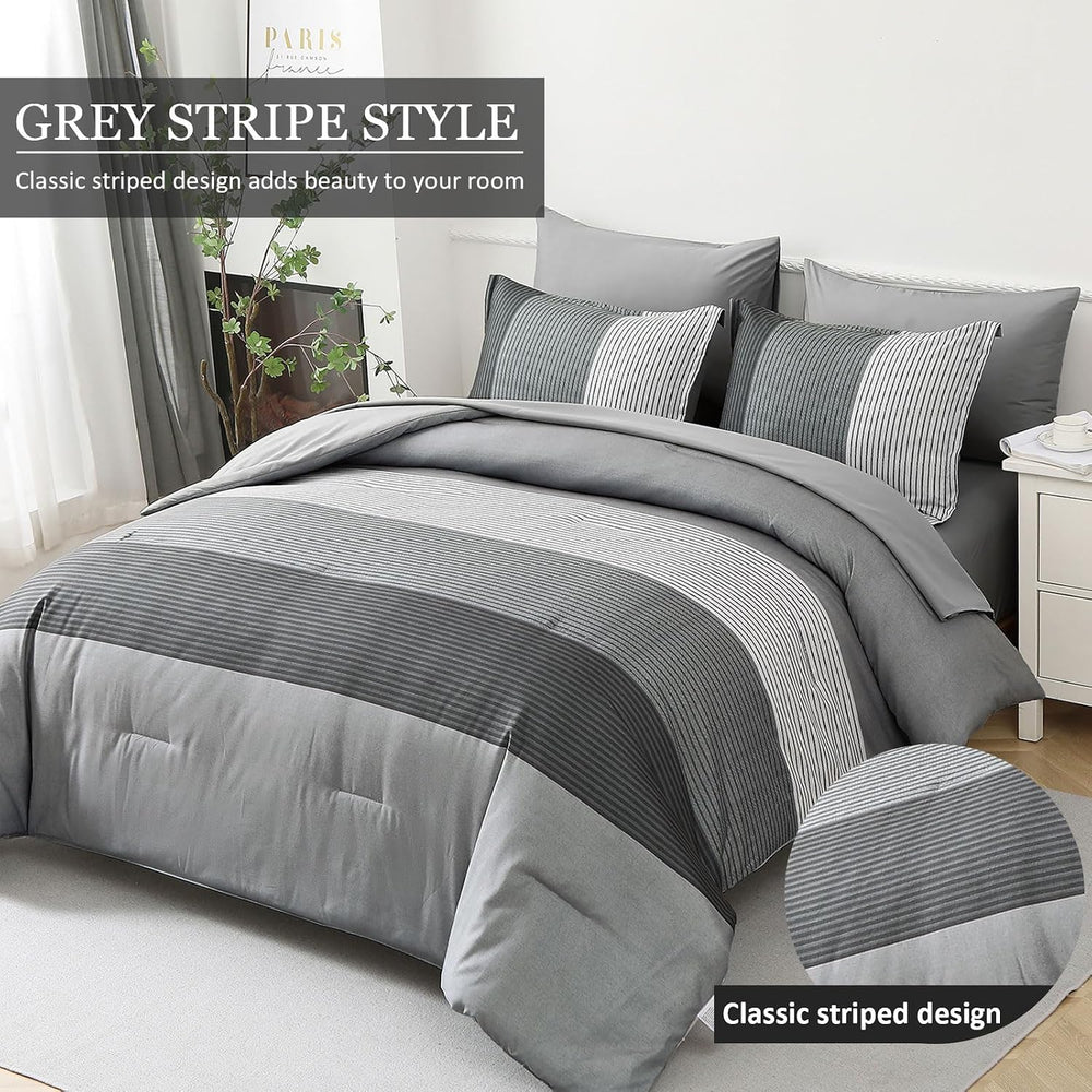 WONGS BEDDING Grey Comforter Set Queen, Reversible Grey Striped Patchwork Dow...