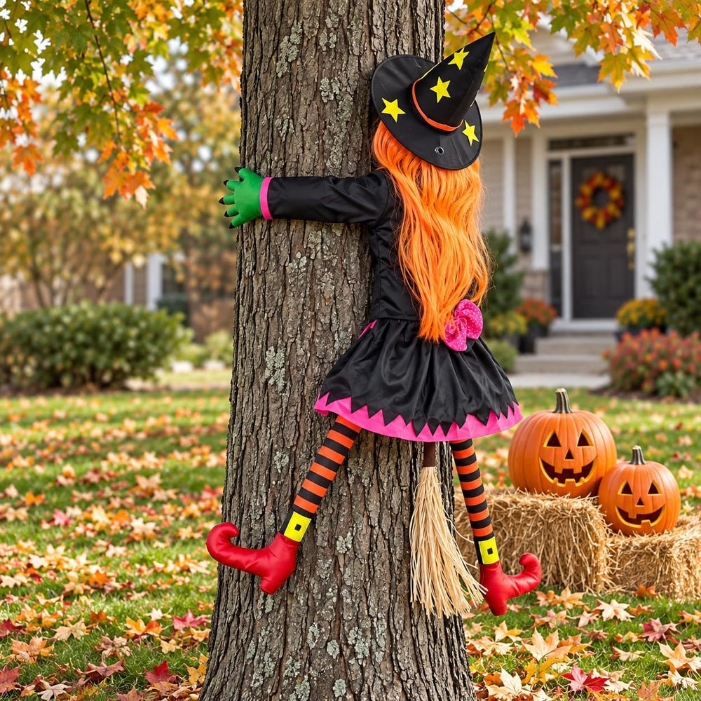 Halloween Decoration Outdoor, Tree Hugging Witch with Orange Hair