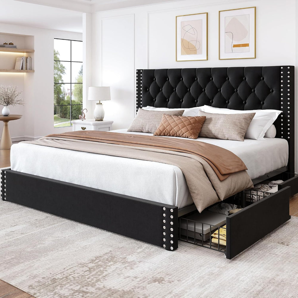 LARMACE Bed Frame King Size with 4 Storage Drawers and Tufted Headboard Velve...