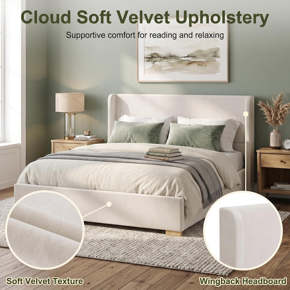 Queen Size Upholstered Platform Bed Frame with Wingback Headboard