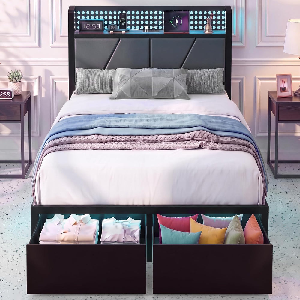 Twin Bed Frames with 2 Drawers, Platform Bed with LED Lights & Charging S...