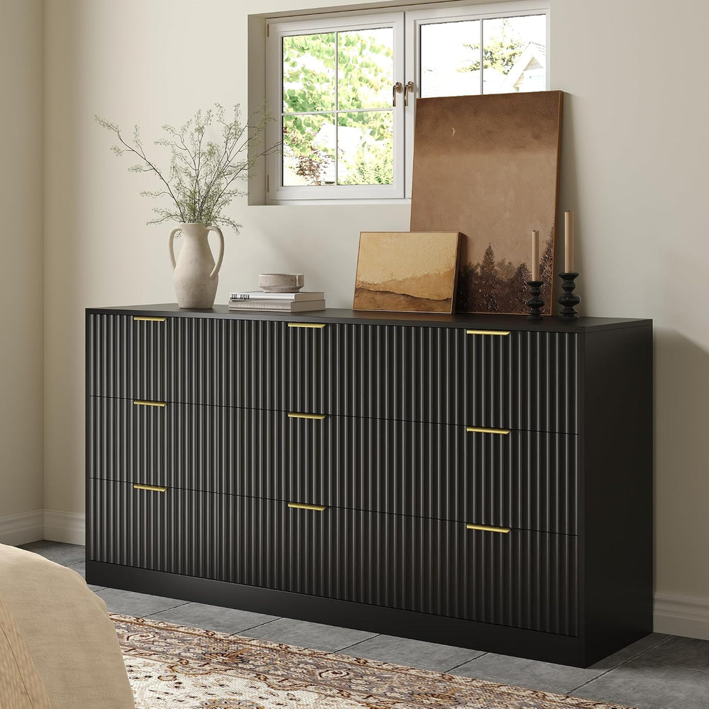 Black 9 Drawer Dresser for Bedroom, 63" Wide Modern Fluted Chest of Draw...